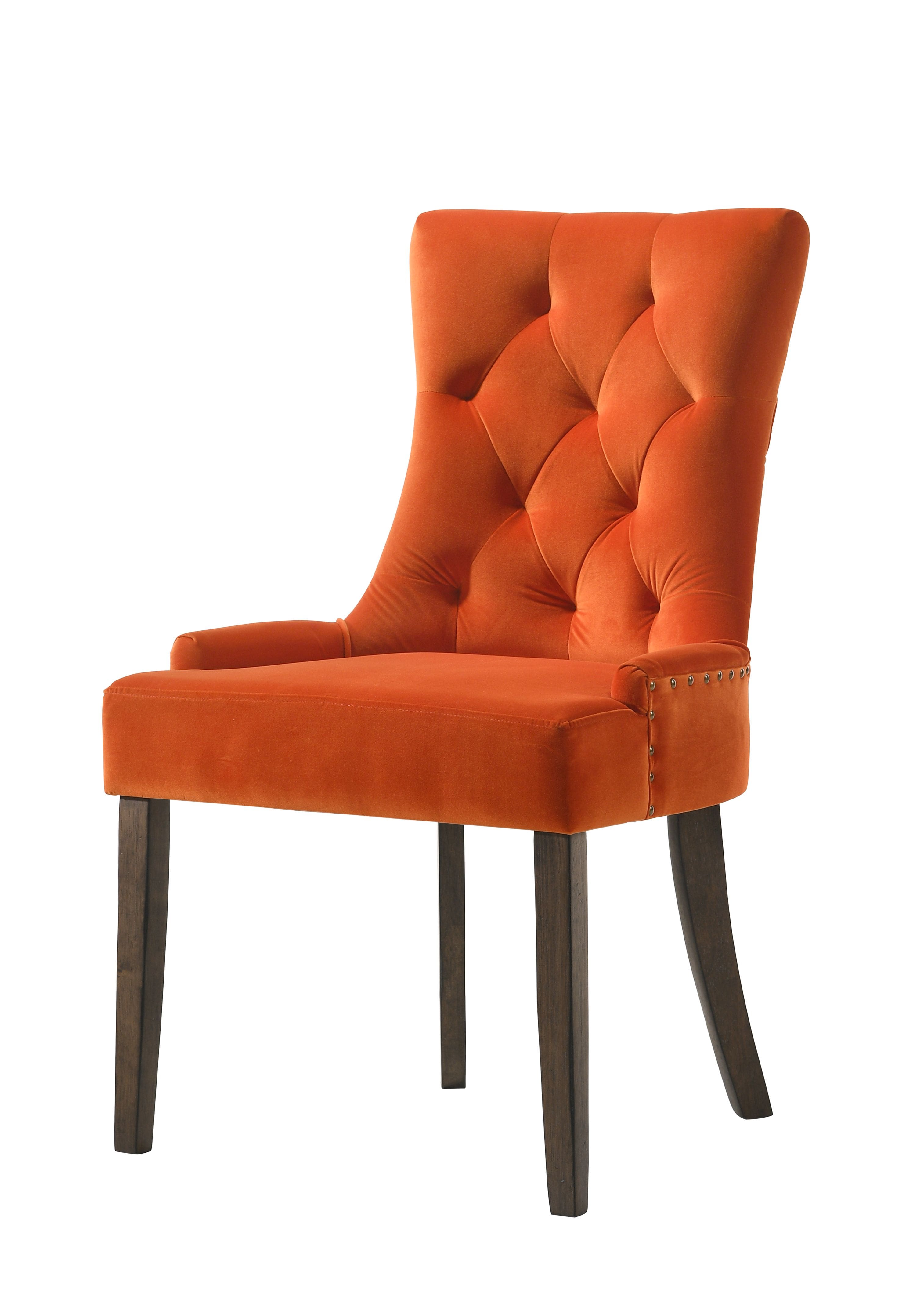 Lirago - 24 Inch Side Chairs Set of 2 Velvet Upholstery Weathered Oak Finish Vibrant Contemporary Design - Orange