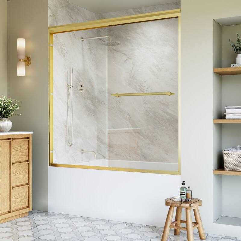 Left. WELLFOR - 56-60 in. W x 60 in. H Framed Sliding Shower Door with 1/4 in. Clear Tempered Safety Glass,Reversible - Brushed Gold.