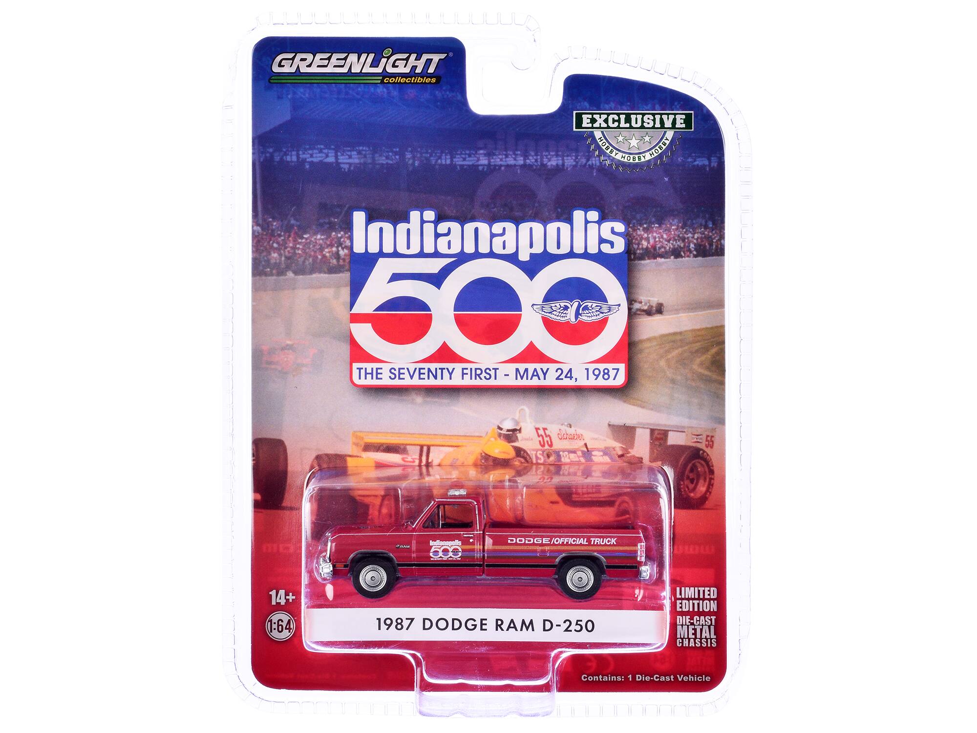 GREENLIGHT collectibles  
EXCLUSIVE  
Indianapolis 500  
THE SEVENTY FIRST - MAY 24, 1987  

1987 DODGE RAM D-250  
LIMITED EDITION  
DIE-CAST METAL CHASSIS  

Contains: 1 Die-Cast Vehicle  

14+  
1:64  

DODGE/OFFICIAL TRUCK