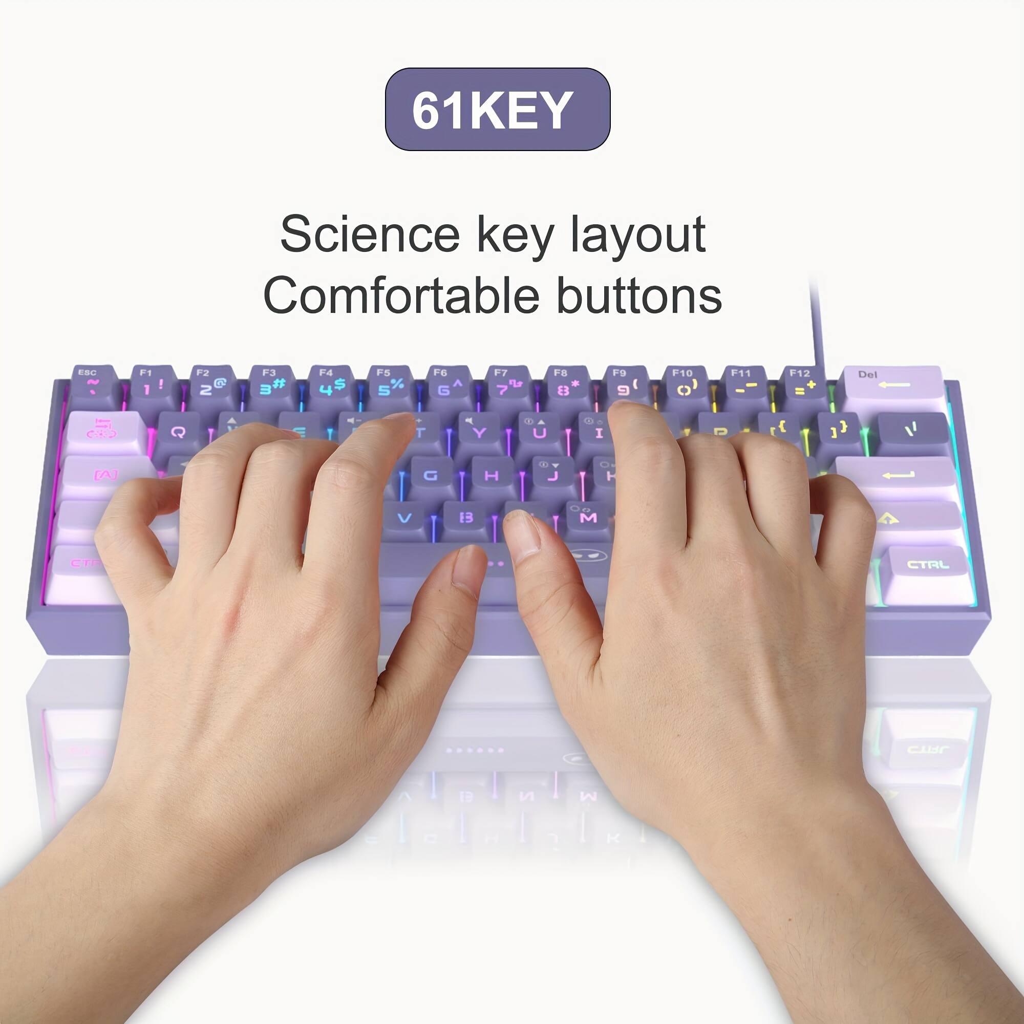 61KEY  
Science key layout  
Comfortable buttons  
ESC ~  
F1 1  
F2 2  
F3 3#  
F4 4 $  
F5 % 5  
F6 6  
F7 7  
F8 8  
F9 9  
F10 0  
F11 -  
F12 + =  
Del  
CKO  
T  
Y  
U  
I  
O  
P  
[ {  
] }  
1 2 3  
4 5 6  
7 8 9  
0  
- =  
CTRL  
CHIP  
B  
M  
=  
7  
K