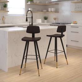 Emma + Oliver - Set of 2 Commercial Grade LeatherSoft Barstools with Gold Tipped Iron Legs - Brown