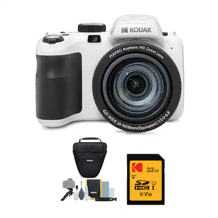 The image features a Kodak camera with a lens and a memory card. The camera is white and has a black strap. The memory card is yellow and has the brand name Kodak on it. The camera is accompanied by a pouch and a manual, making it a complete package for photography enthusiasts.