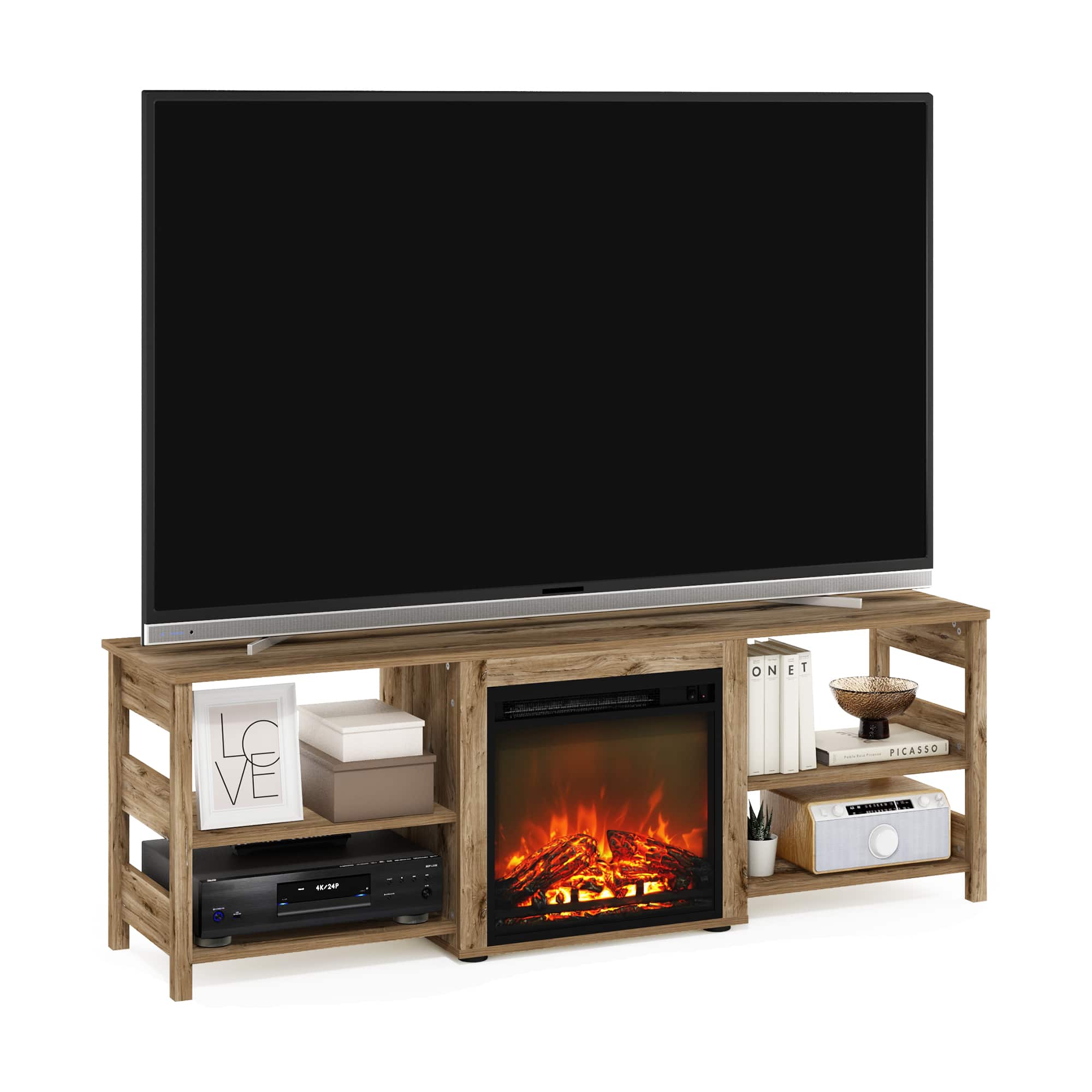 Furinno - CLASSIC Fireplace TV Stand, Entertainment Center, with Open Shelf, for Living Room - Brown Oak