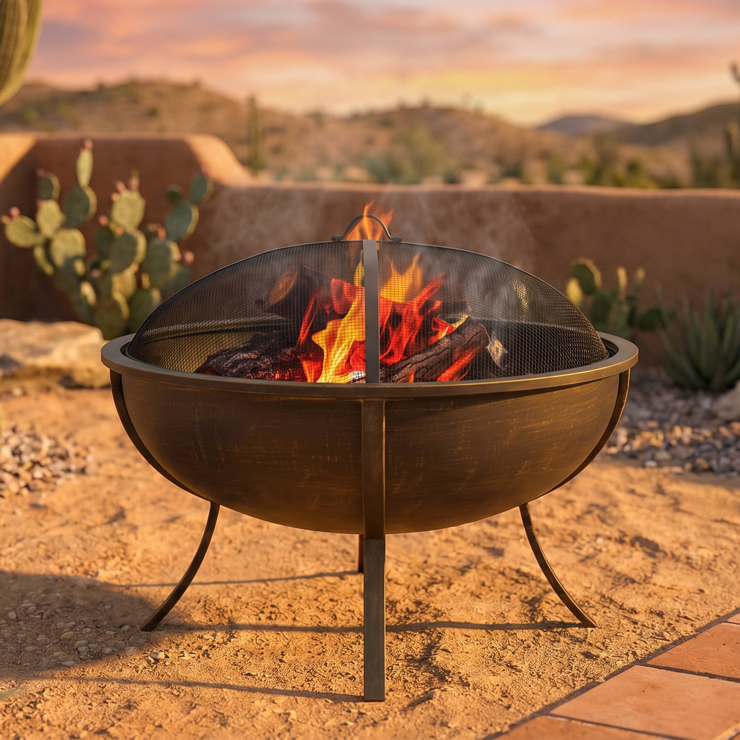 Alt View 1. Sunnydaze - 32 in Steel Fire Pit with Screen, Grate, and Poker - Brushed Brass.
