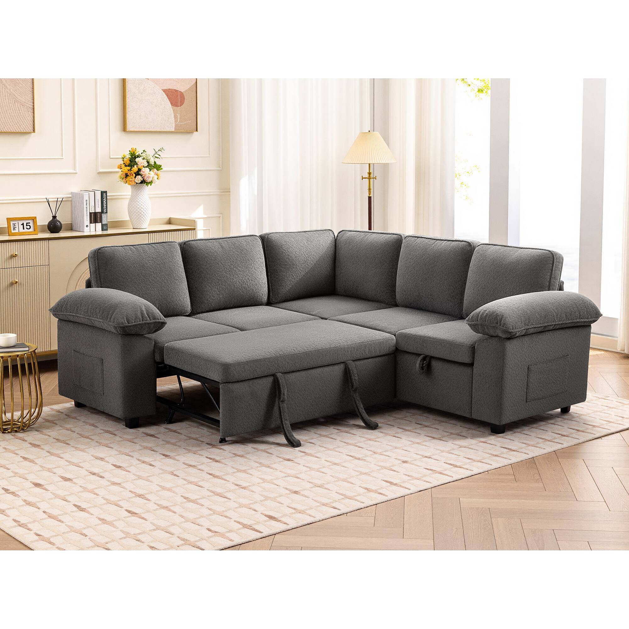 Alt View 5. KERDOM - Combined Convertible L-Shape Sofa with Storage Chaise for Living Room, Modular Sectional Sleeper Couch with Pull Out Bed - Grey-C.