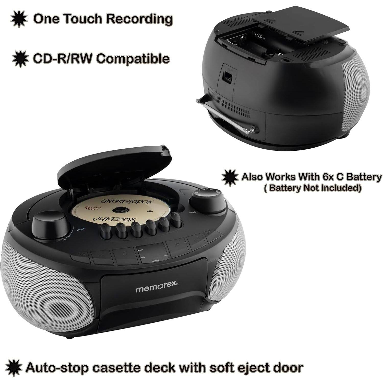One Touch Recording  
CD-R/RW Compatible  
Also Works With 6x C Battery (Battery Not Included)  
Auto-stop cassette deck with soft eject door