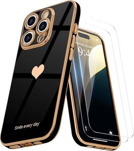 Entronix - Complete Protection Bundle for iPhone 16 Pro Max - Glossy Heart Case with 2 Screen Protectors - Black