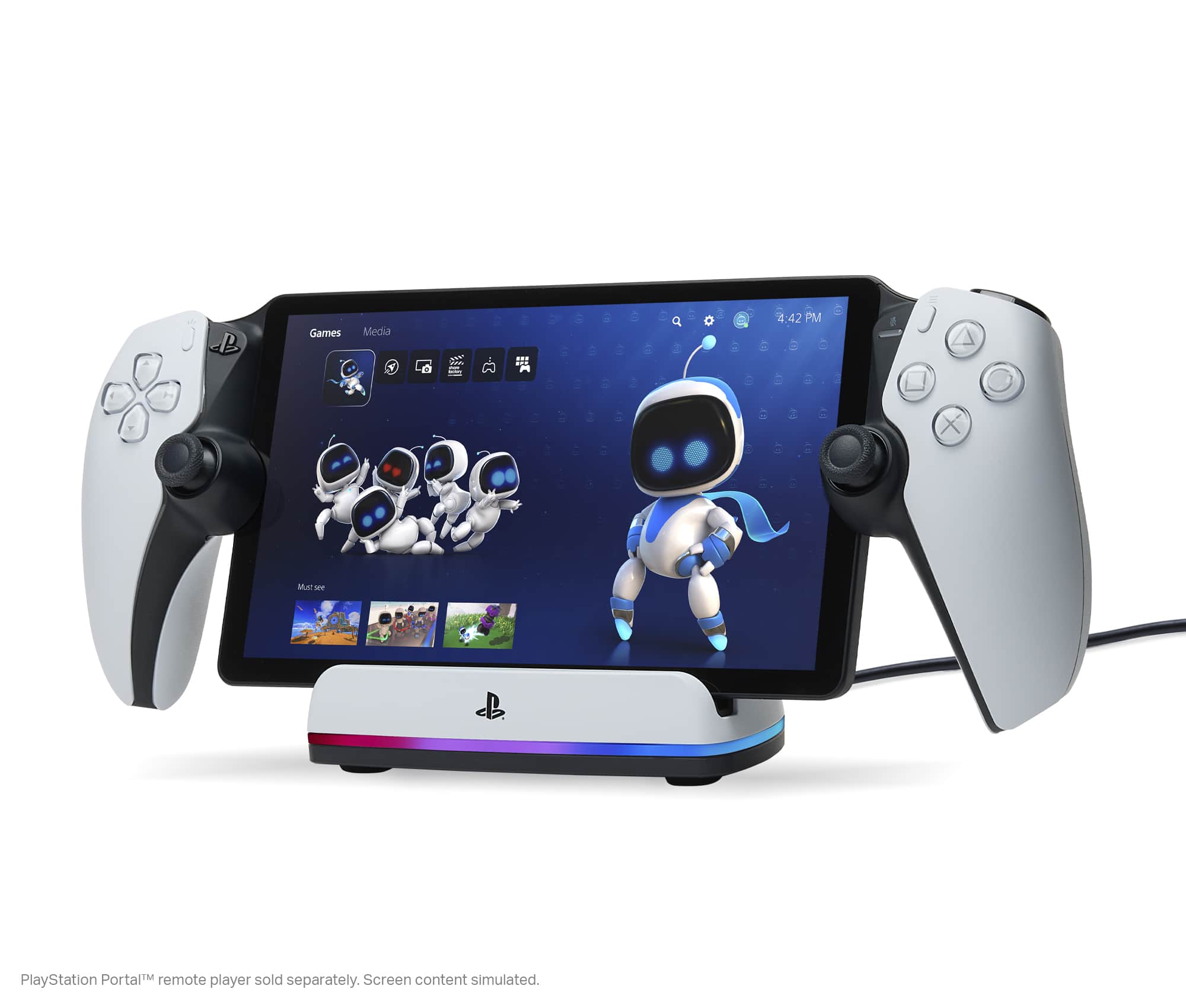 Games Media . 4:42 PM 1 O a I ... X Mustwe ae PlayStation PortalM remote player sold separately. Screen content simulated.