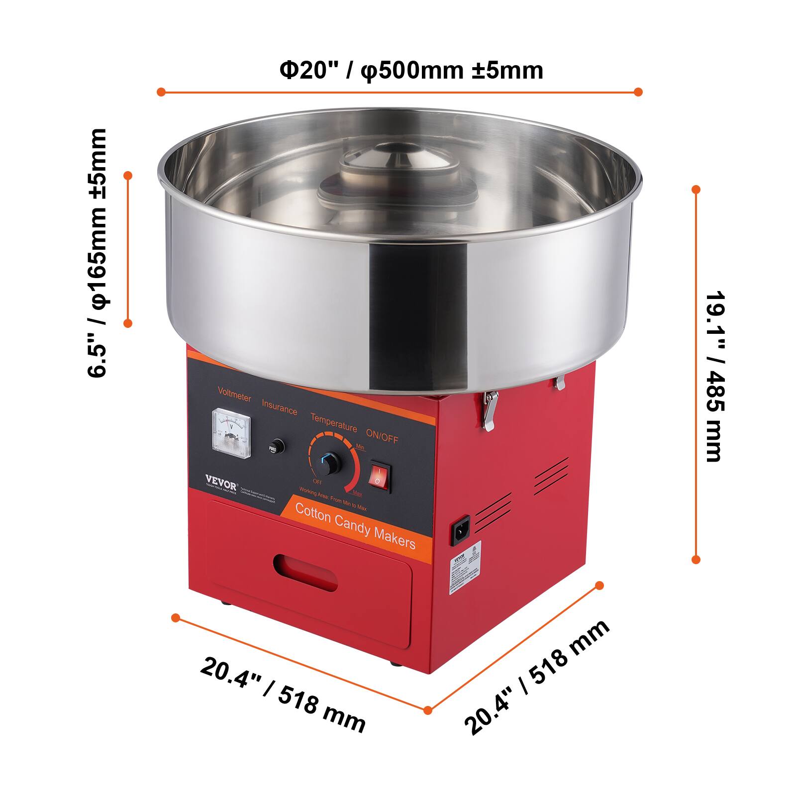 +5mm 165mm I 6.5" 20" 0" / 500mm +5mm Voltmeter Insurance Temperature ON/OFF M VEVOR OH | mnn Ara e - Tou M . Adas Cotton Candy Makers 19.1" I 485 mm 20.4" I 518 mm