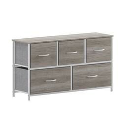 Emma + Oliver - Marley 5 Drawer Storage Dresser with Cast Iron Frame, Wood Top, and Easy Pull Fabric Drawers with Wooden Handles - Light Natural Drawers/White Frame