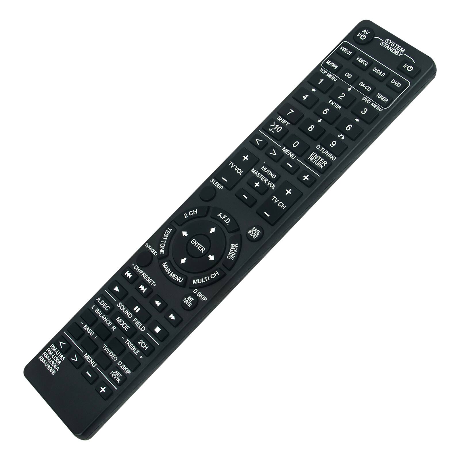 RM-U306B RUM-1938 RM-U185

NO VA VIDEO1 SYSTEM STANDBY MDITAPE VIDEO2 NO TOP CD DVOILD 1 MENU DVD + SA-CD 4 2 DVD TUNER 7 5 ENTER 3 MENU SHIFT + + >10 8 6 & < 0 9 TV MENU ENTER D.TUNING VOL MASTER MUTING SLEEP VOL + TV CH 2 CH A.F.D. BOOST BASS TVMDEO TESTTONE ENTER -CH/PRESET+ MAIN MENU MAIN CH MULTI D.SKIP A.DEC SOUND " TVVTR BASS BALANCE R MODE FIELD TVVIDEO TREBLE 2CH + MENU D.SKIP