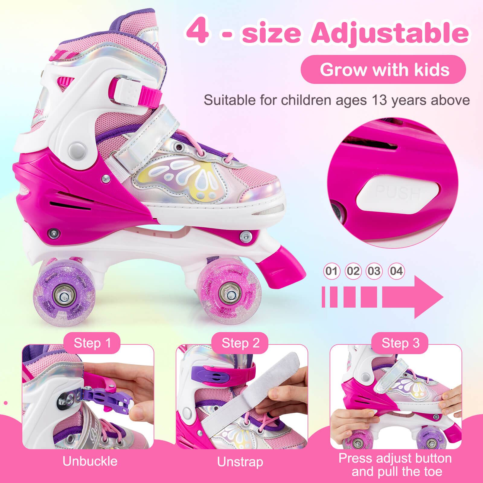 4 - size Adjustable  
Grow with kids  
Suitable for children ages 13 years above  

Step 1  
Unbuckle  

Step 2  
Unstrap  

Step 3  
Press adjust button and pull the toe  

PUSH