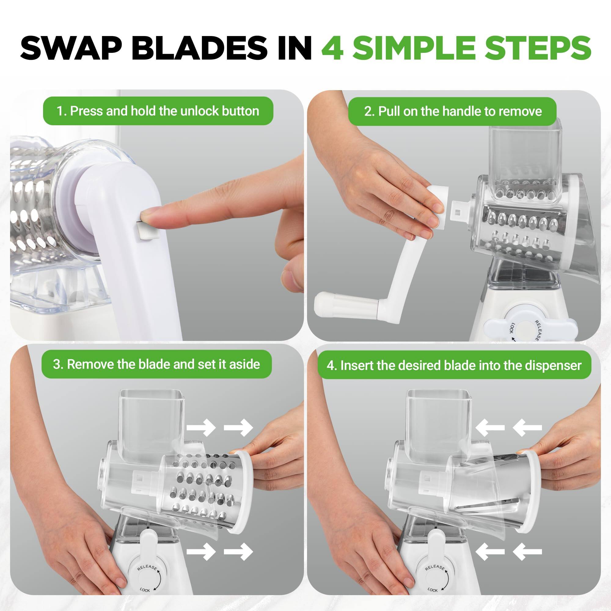 SWAP BLADES IN 4 SIMPLE STEPS

1. Press and hold the unlock button
2. Pull on the handle to remove
3. Remove the blade and set it aside
4. Insert the desired blade into the dispenser