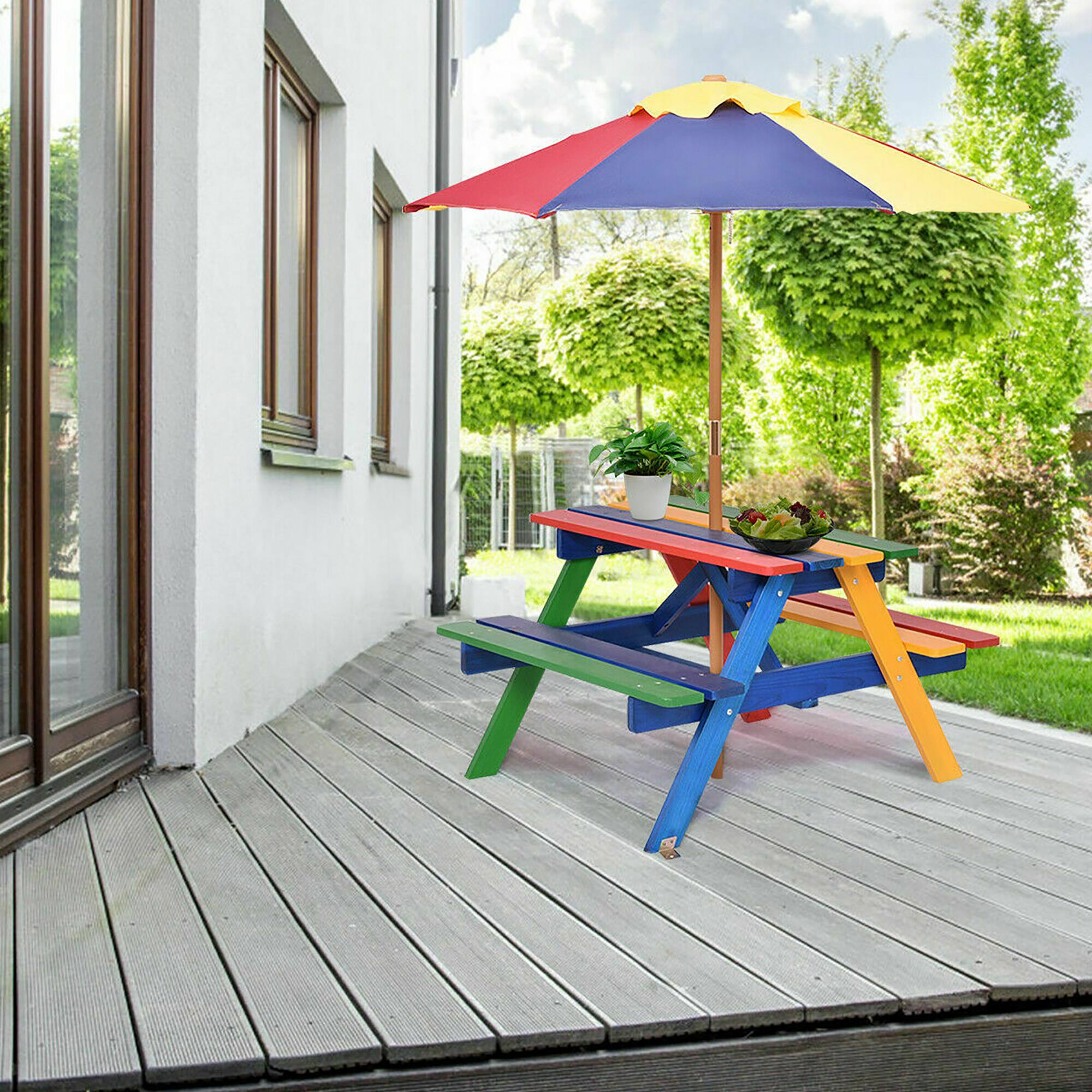 Alt View 4. Costway - Costway 4 Seat Kids Picnic Table w/Umbrella Garden Yard Folding Children Bench Outdoor - Multicolor.