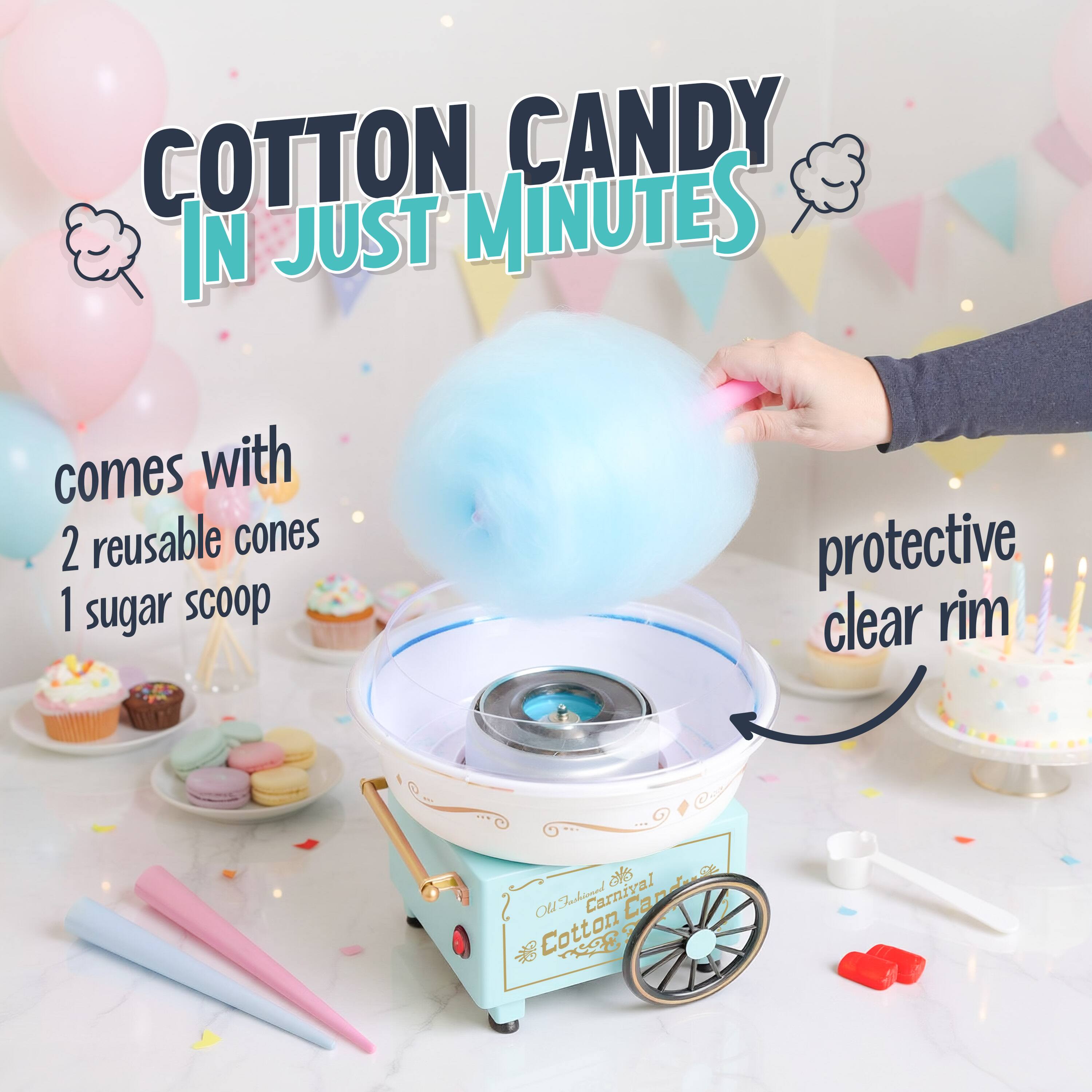 COTTON CANDY IN JUST MINUTES comes with 2 reusable cones 1 sugar scoop protective clear rim