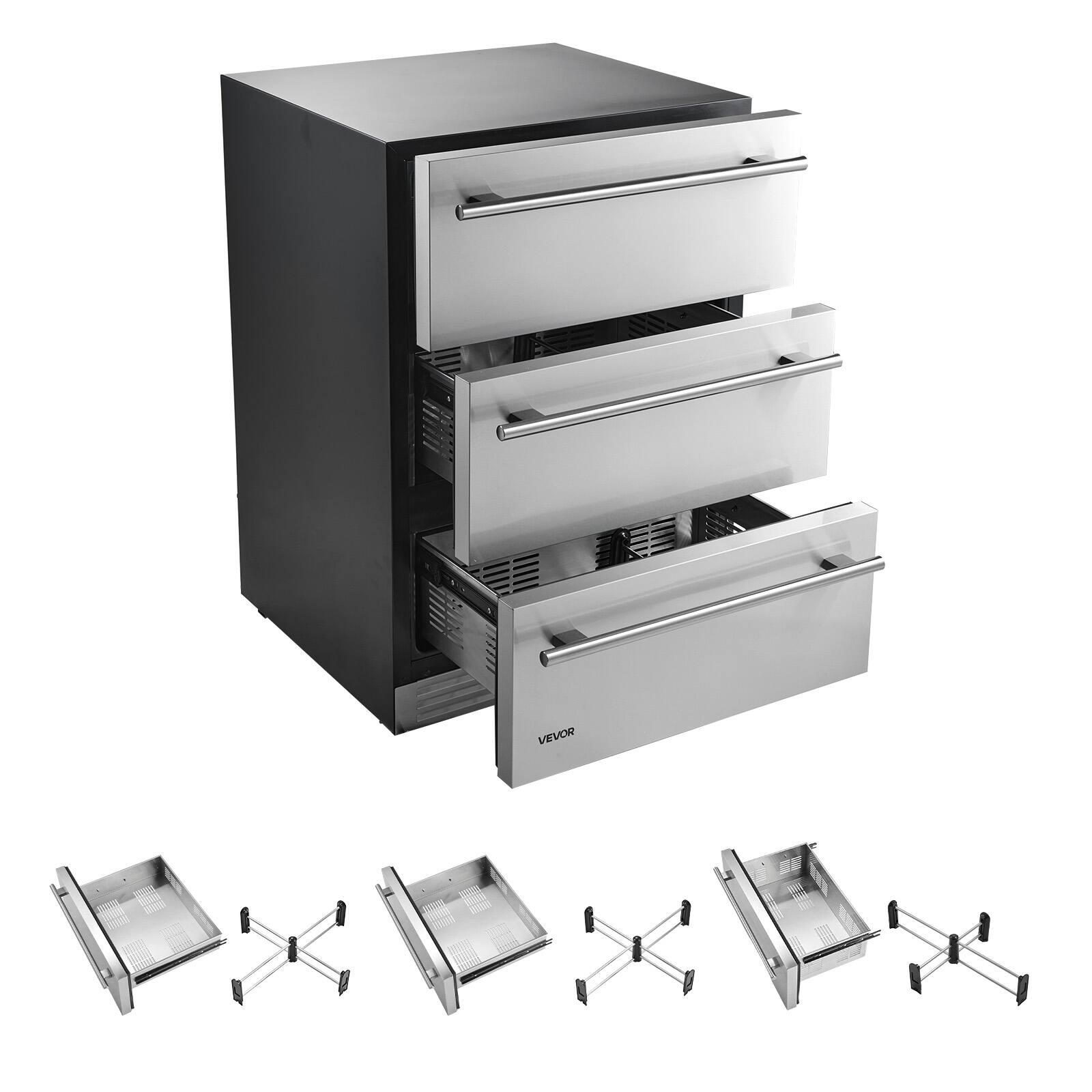 Alt View 5. VEVOR - 3-Drawer Refrigerator, 24 in Undercounter Beverage Cooler, Large Capacity Drink Fridge, 3 Separate Storage Zones - Black;Silver.