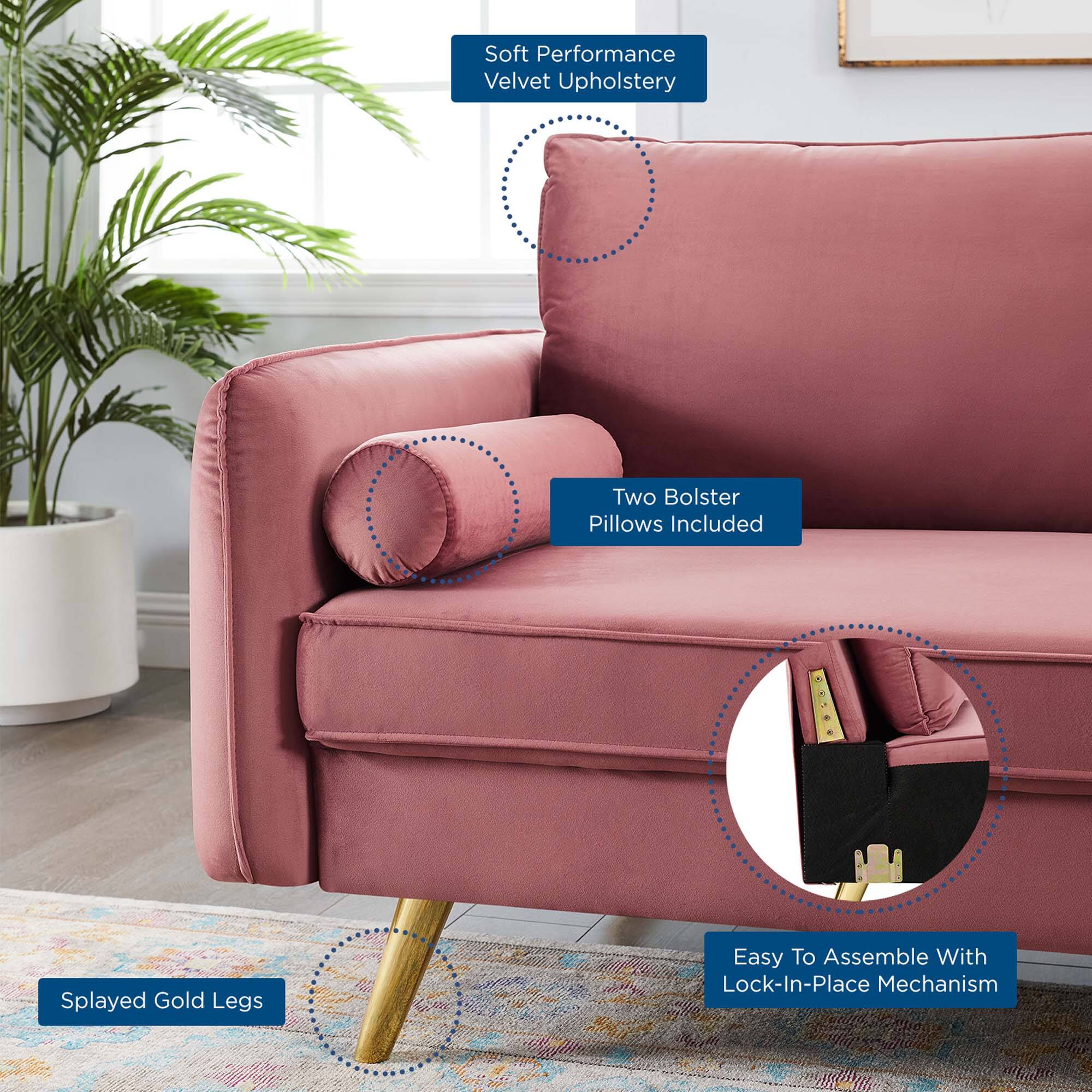 - Soft Performance Velvet Upholstery
- Two Bolster Pillows Included
- Splayed Gold Legs
- Easy To Assemble With Lock-In-Place Mechanism