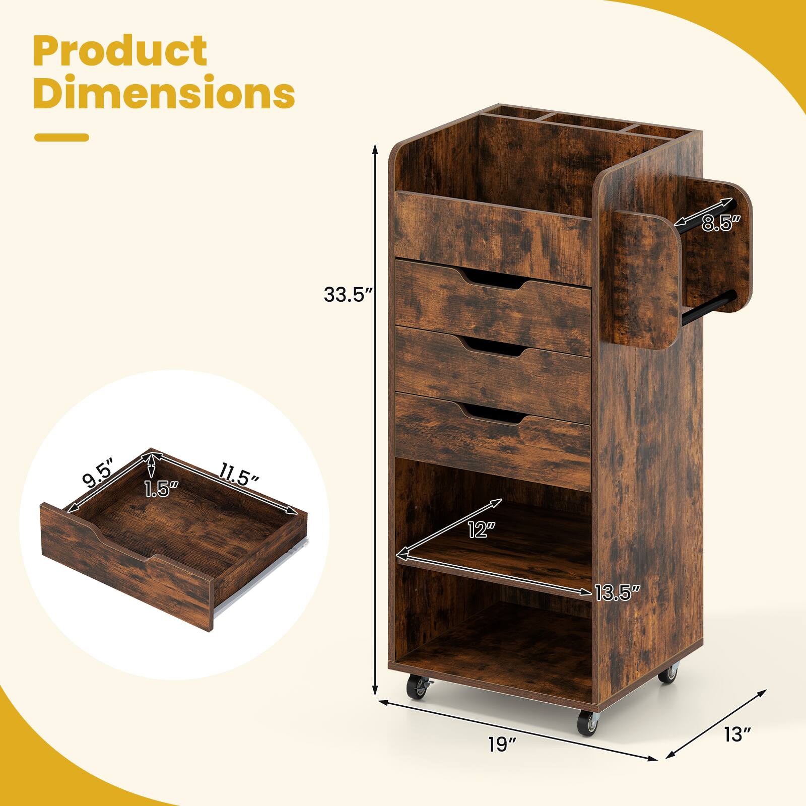 Product Dimensions - 8.5" x 33.5" x 9.5" x 1.5" x 11.5" x 12" x 13.5" x 19" x 13"
