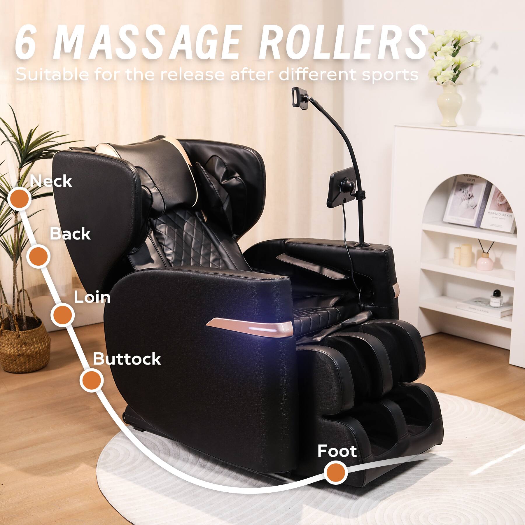 6 MASSAGE ROLLERS  
Suitable for the release after different sports  

- Neck  
- Back  
- Loin  
- Buttock  
- Foot