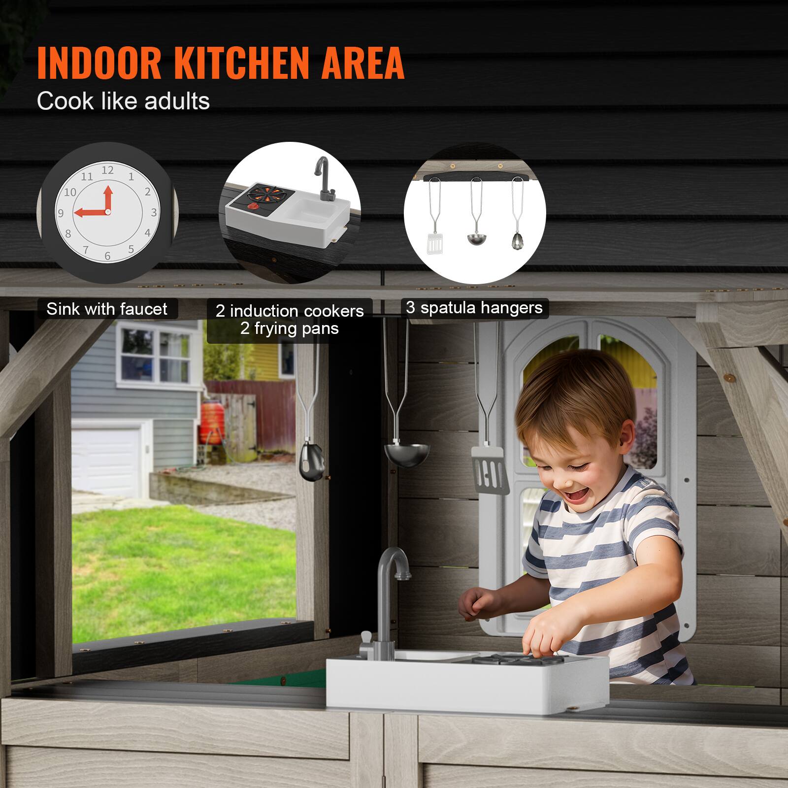 INDOOR KITCHEN AREA  
Cook like adults  

- Sink with faucet  
- 2 induction cookers  
- 2 frying pans  
- 3 spatula hangers