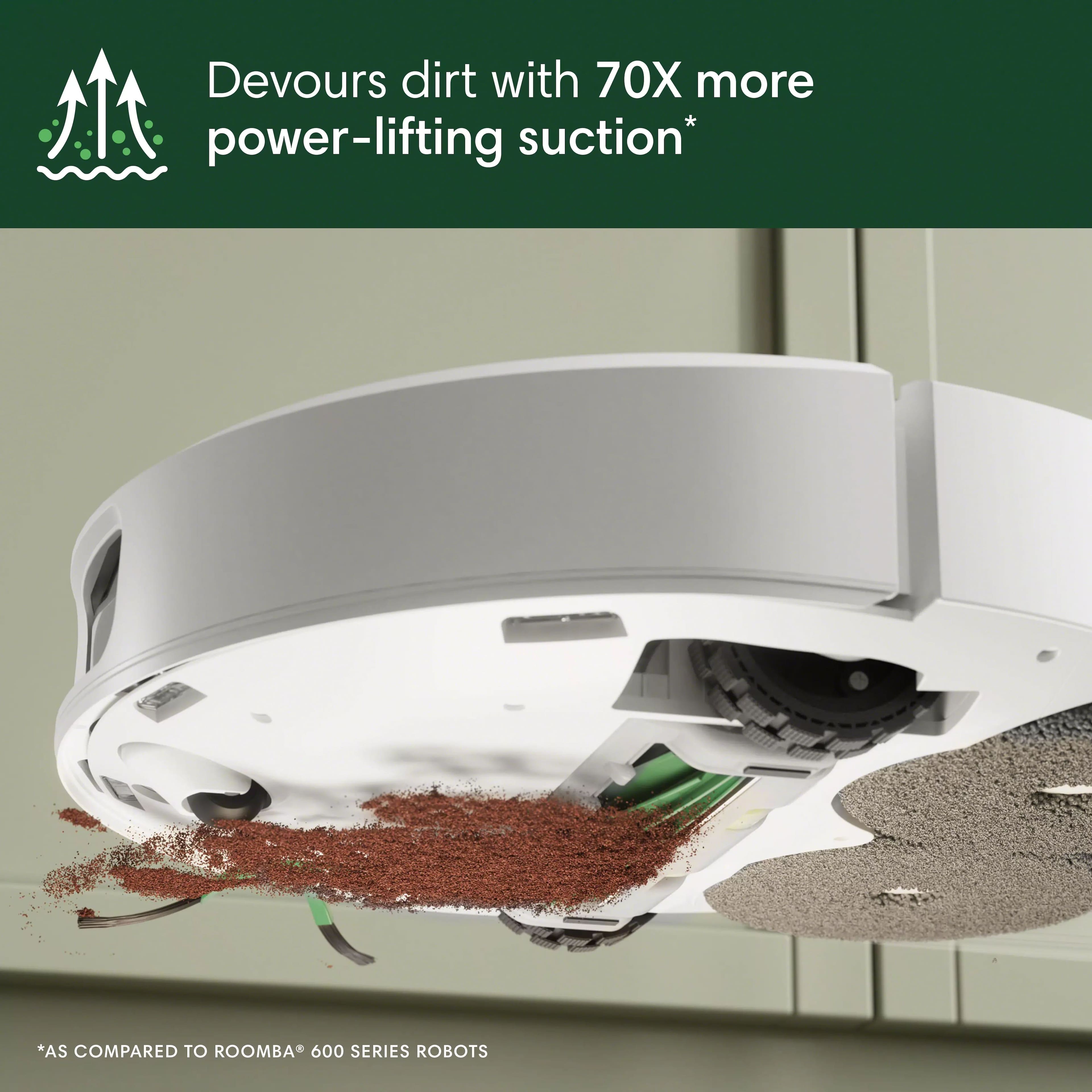 The image features a robotic vacuum cleaner with a large circular design, which is advertised to devour dirt with 70X more power-lifting suction compared to the Roomba 600 series robots. The vacuum is designed to efficiently clean and remove dirt from various surfaces, making it an effective tool for maintaining cleanliness in homes and other environments.