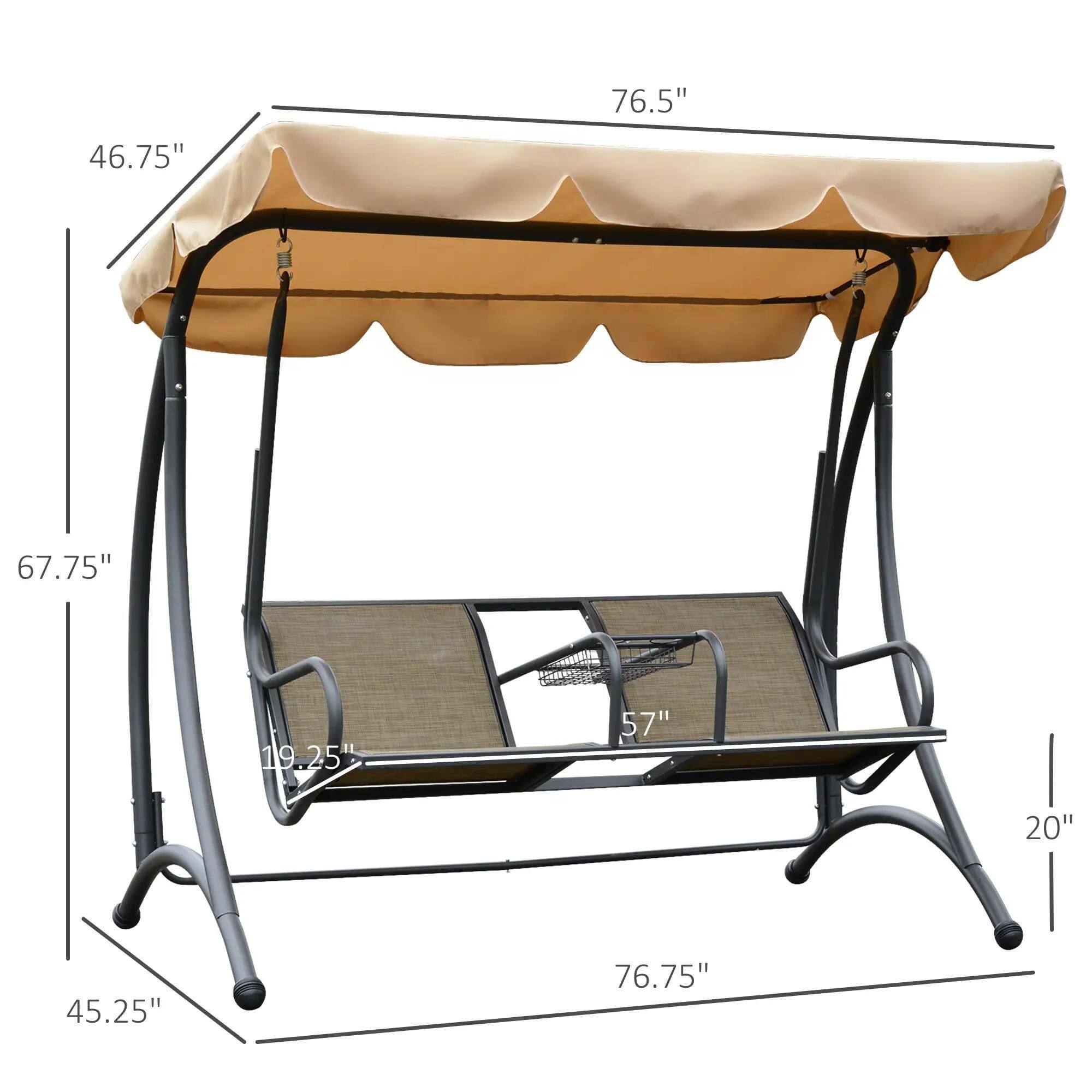 The dimensions of the swing are:

- Length: 76.75"
- Width: 46.75"
- Height: 67.75"
- Seat width: 57"
- Seat depth: 20"
- Height from ground to seat: 19.25"
- Height from ground to canopy: 45.25"