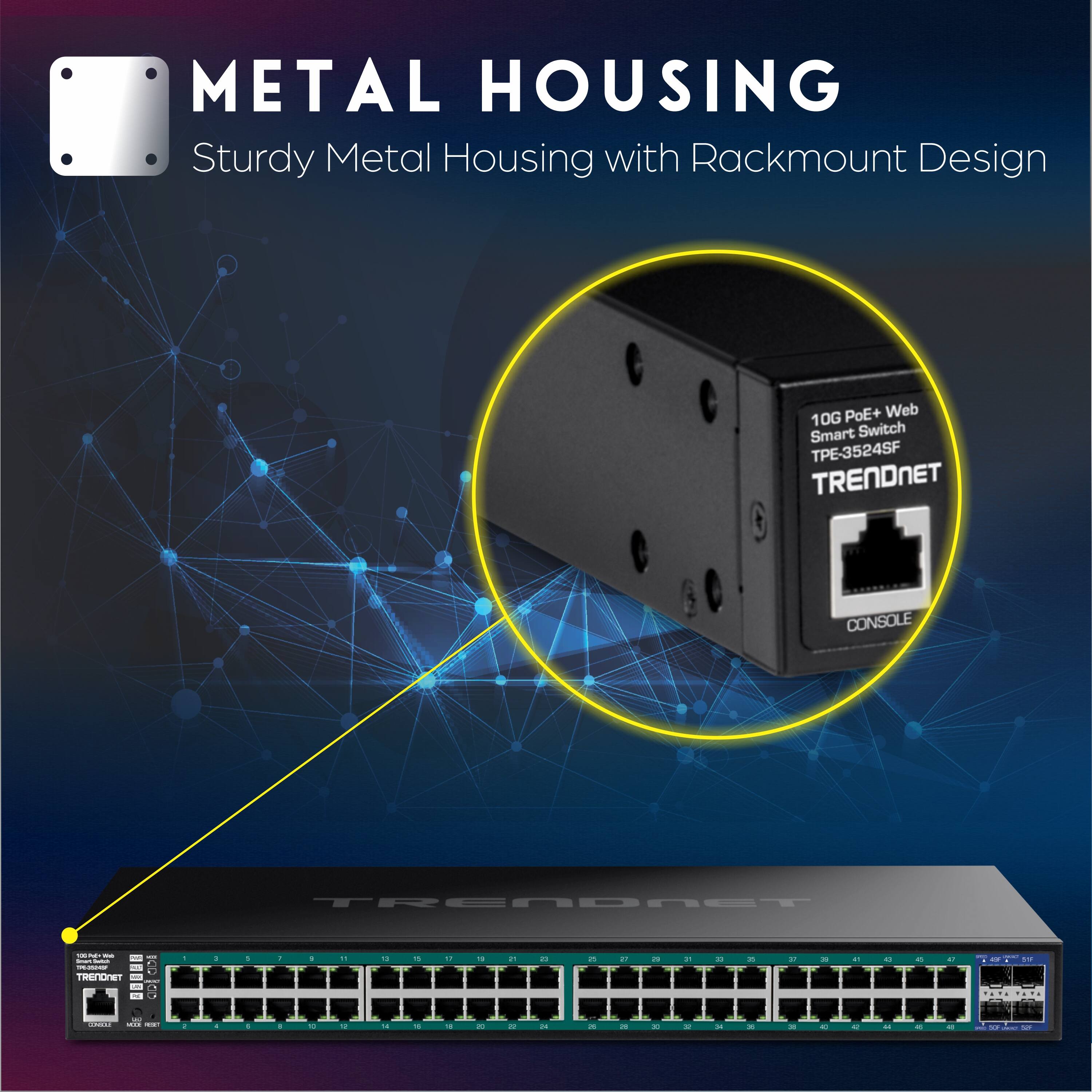 METAL HOUSING  
Sturdy Metal Housing with Rackmount Design  
10G PoE+ Web Smart Switch  
TPE-3524SF  
TRENDNET  
CONSOLE  
TRENDAST
