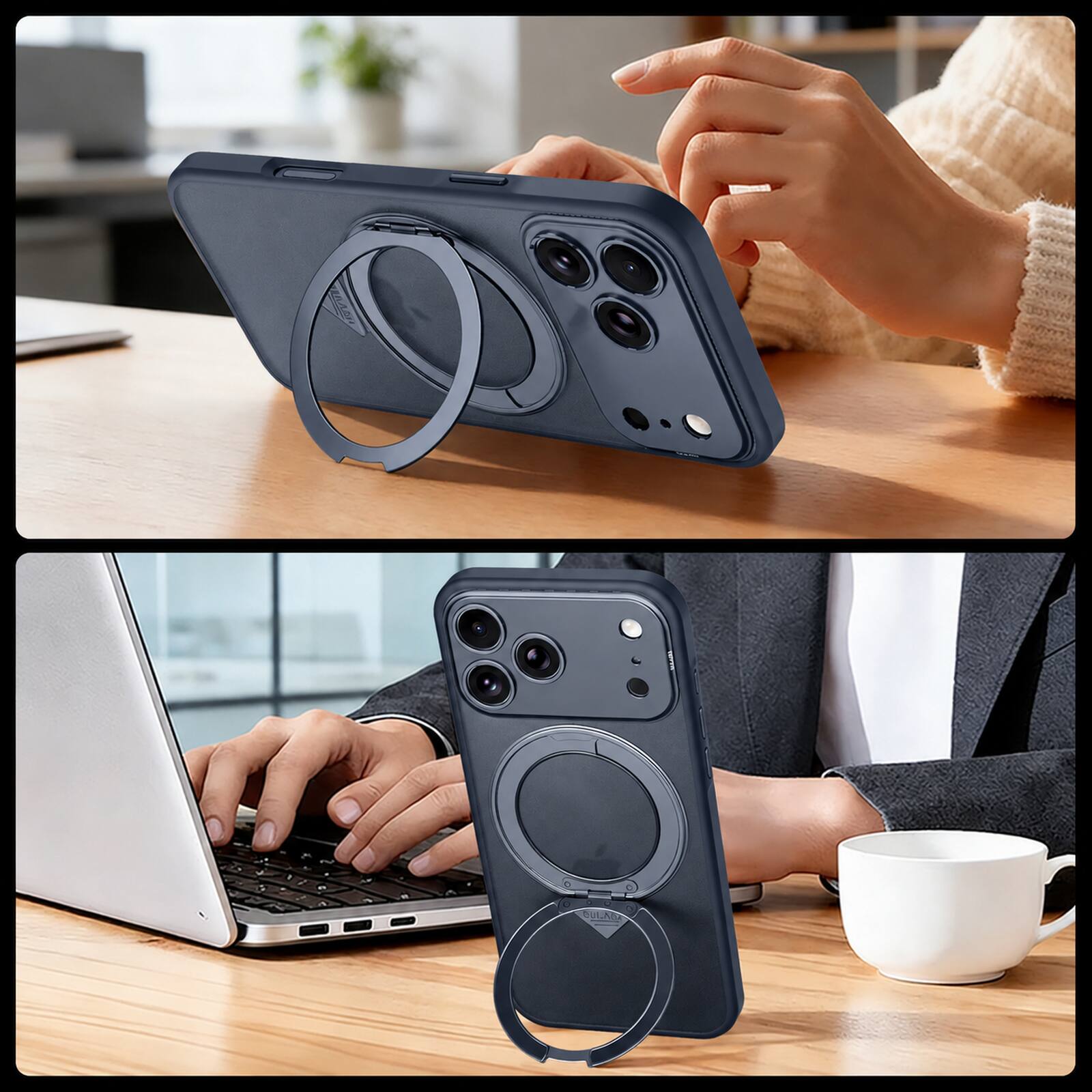 Back. Dteck - For iPhone 17 Pro Matte Rugged Case Compatible With Magsafe Accessories,Shockproof Ring Kickstand Hard PC+TPU Cove - Darkblue.
