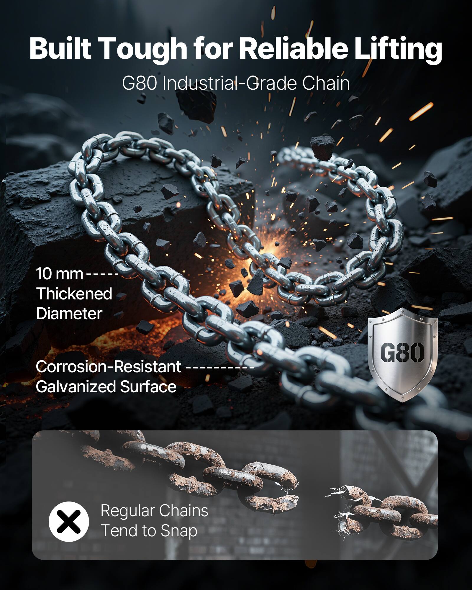 Built Tough for Reliable Lifting  
G80 Industrial-Grade Chain  

10 mm Thickened Diameter  
Corrosion-Resistant Galvanized Surface  

Regular Chains Tend to Snap