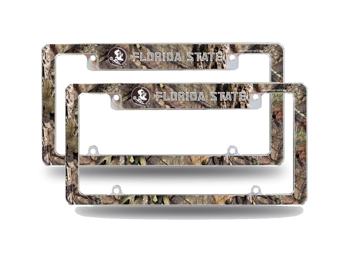 Florida State Seminoles Chrome Metal (Set of 2) License Plate Frames with Bold Mossy Oak Camouflaged Camo Design