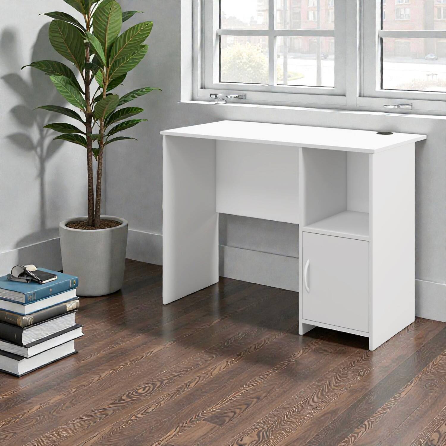 Front. Hivvago - Stylish Home Office Desk with Integrated Storage Cabinet - White.