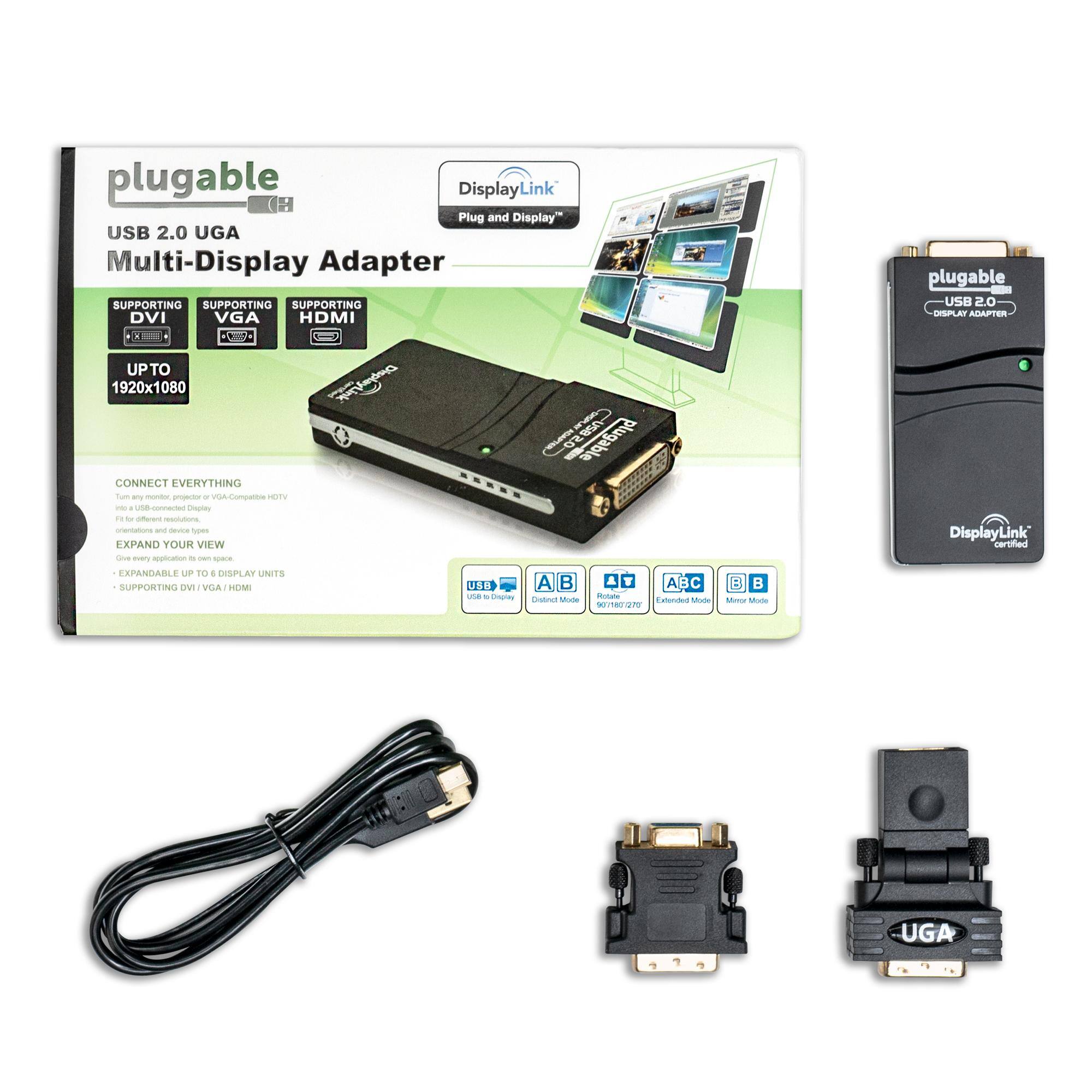 plugable DisplayLink Plug and Display" USB 2.0 UGA Multi-Display Adapter SUPPORTING DVI VGA HDMI UP TO 1920x1080 plugable CONNECT EVERYTHING Expand your view EXPANDABLE TO 4 DISPLAY UNITS SUPPORTING DVI VGA HDMI USB 2.0 CAT AGAITER DisplayLink Link certified UGA