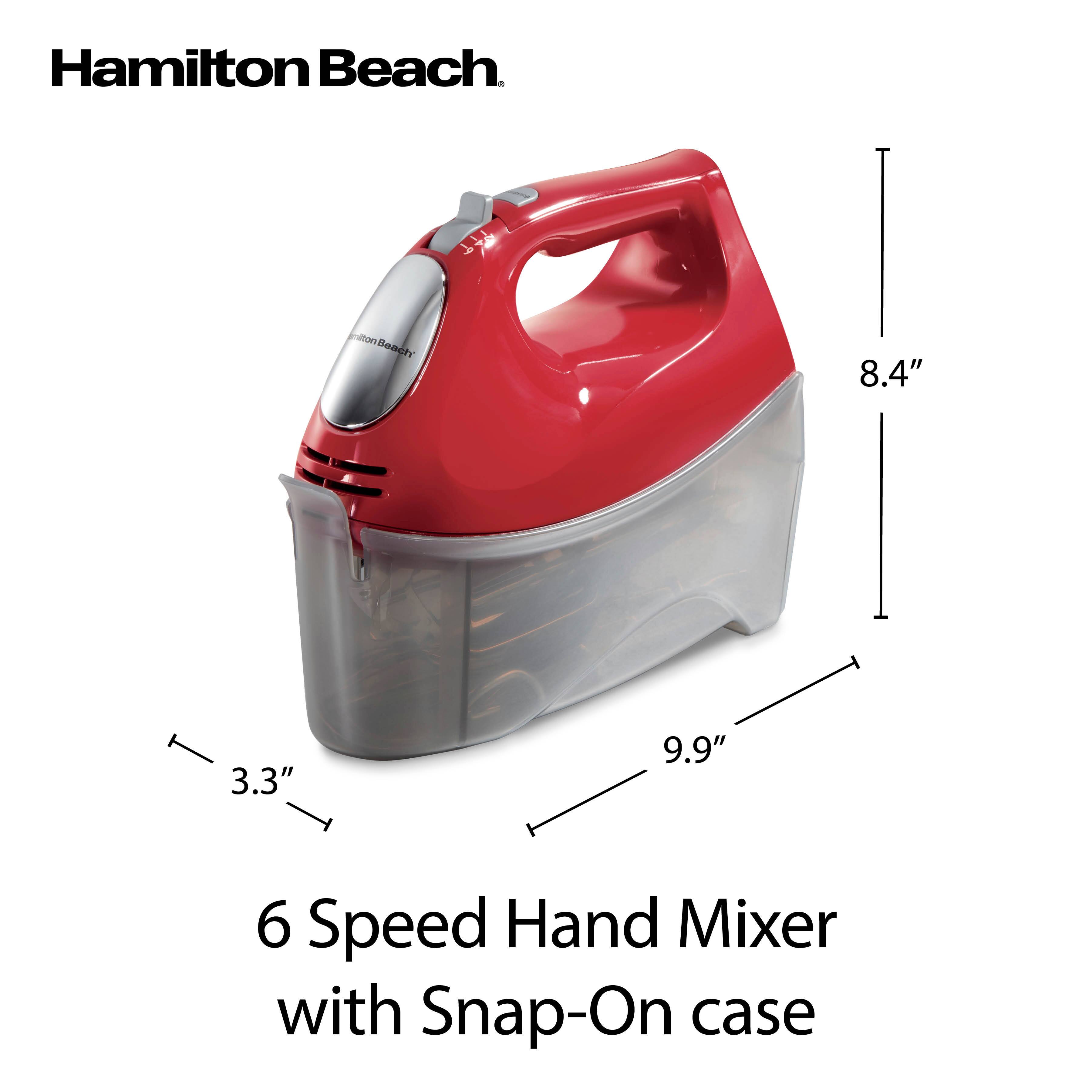 Hamilton Beach  
6 Speed Hand Mixer with Snap-On case  
8.4" x 3.3" x 9.9"