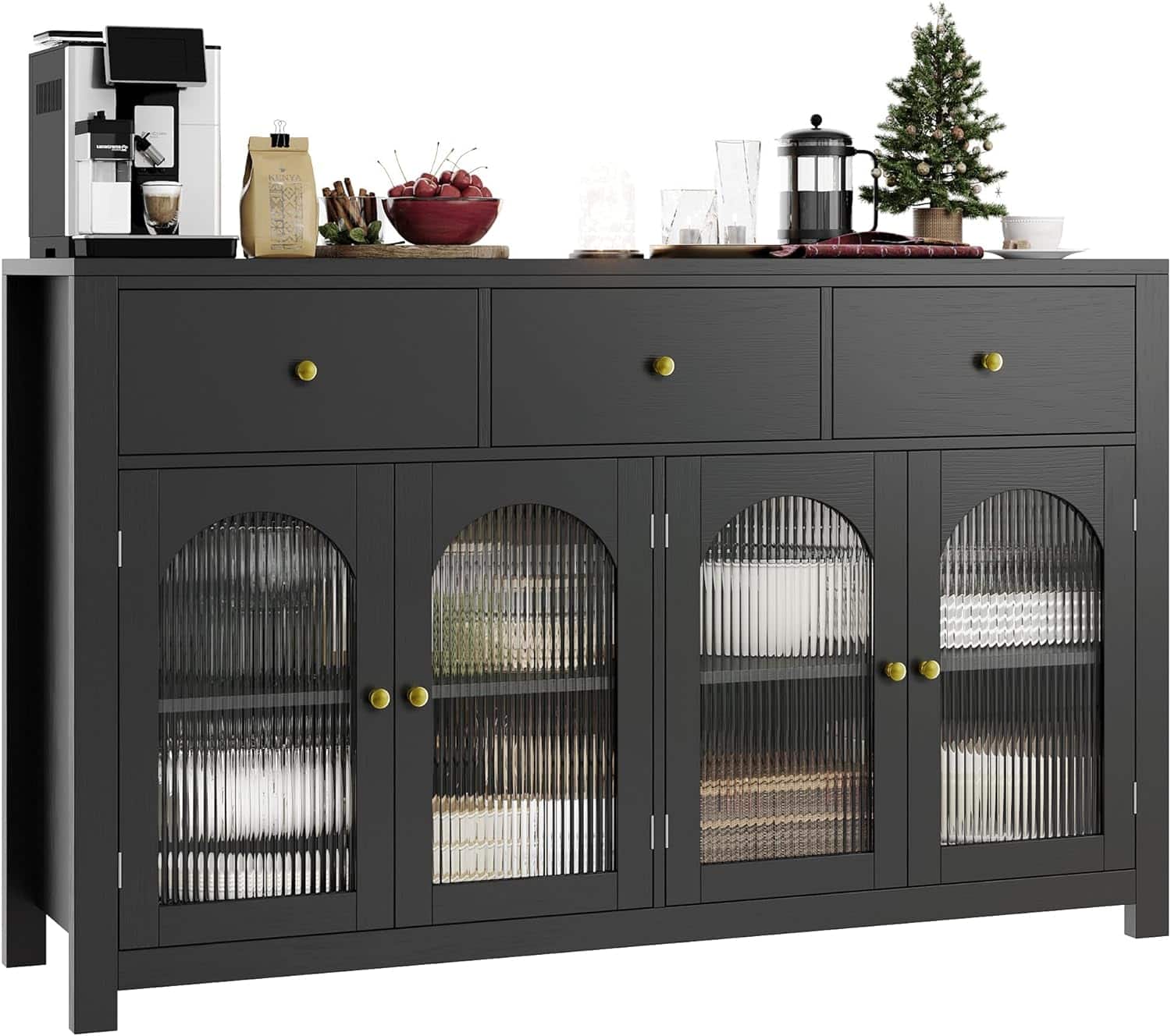 GARVEE - 55in Buffet Cabinet with Drawers, Large Sideboard Buffet Storage Cabinet, Coffee Bar with Adjustable Shelves - Black