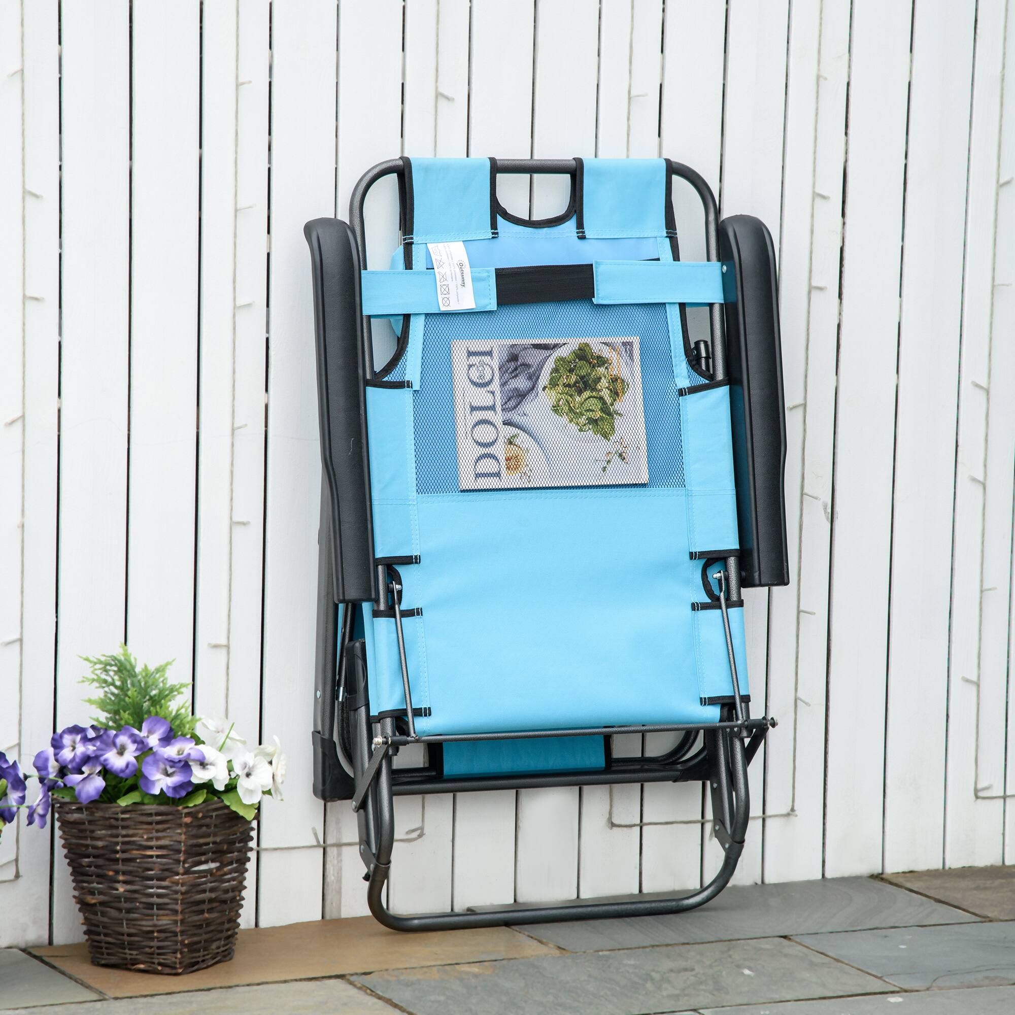 Alt View 7. Outsunny - Folding Chaise Lounge Chair for Outside, 2-in-1 Tanning Chair with Pillow & Pocket, Adjustable Pool Chair for Beach - Blue.