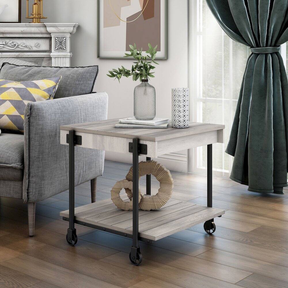 Alt View 1. Furniture of America - Acres Wood Natural End Table with Metal Black Wheels - Brown.