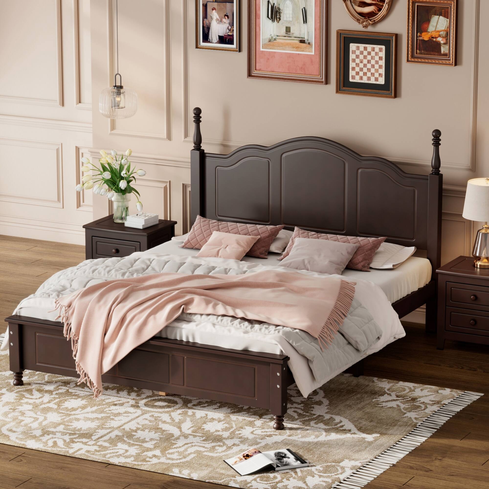 Angle. GOODSILO - Queen Size Retro Wood Platform Bed Frame with Wooden Slat Support for Mattress - Walnut.