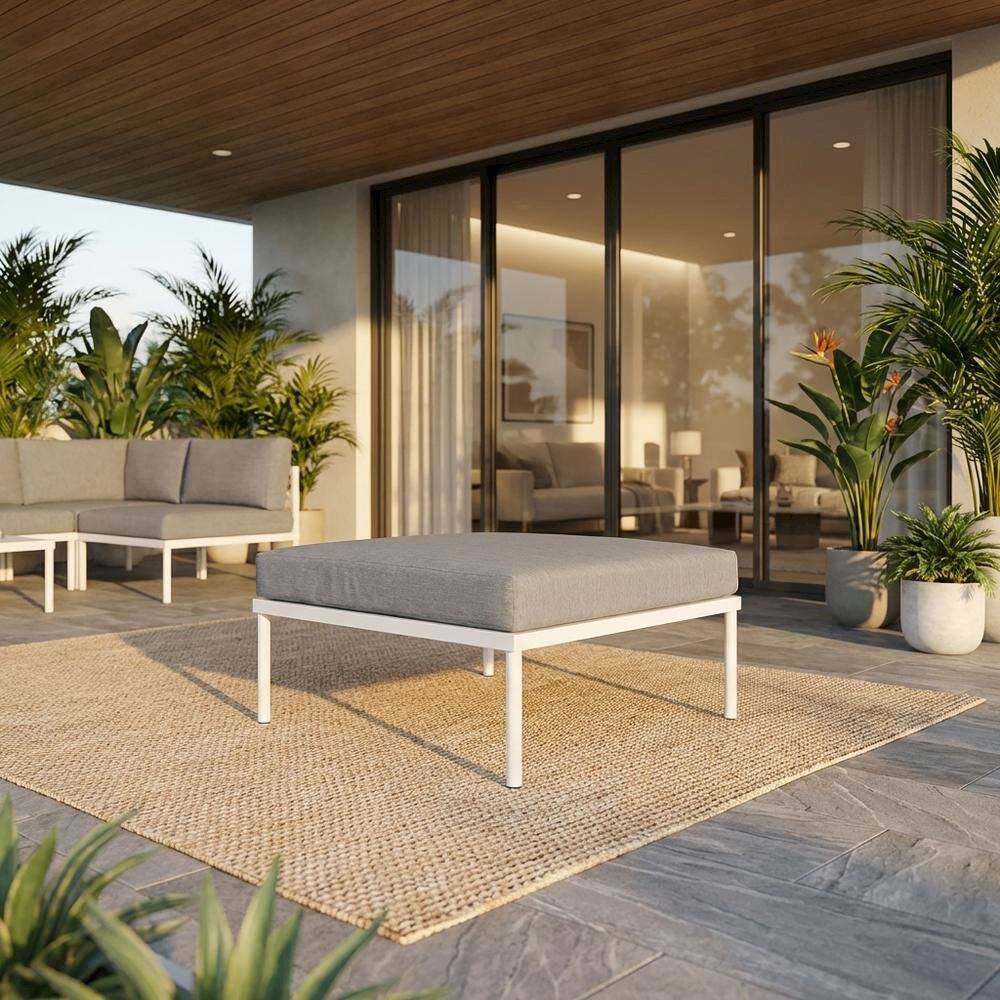 Angle. Outdoor Escape - Aluminum Outdoor Patio Ottoman With Cushioned Top And Stylish Design - White.