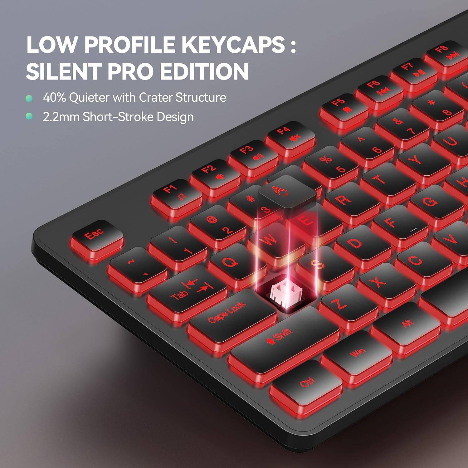 LOW PROFILE KEYCAPS:  
SILENT PRO EDITION  
- 40% Quieter with Crater Structure  
- 2.2mm Short-Stroke Design  

F8 F7 F6 F5 F4 F3 F2 F1  
Esc 1 2 3 4 5 6 7 8 9 0  
Tab Lock Caps Shift Win Ctrl  
Q W E R T Y U I O P  
A S D F G H J K L  
Z X C V B N M