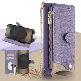 Dteck - Crossbody Wallet Case for Samsung Galaxy S26 Ultra, Elegant Zipper PU Leather Folio Stand Cover, Built-in Mini Mirror - Purple