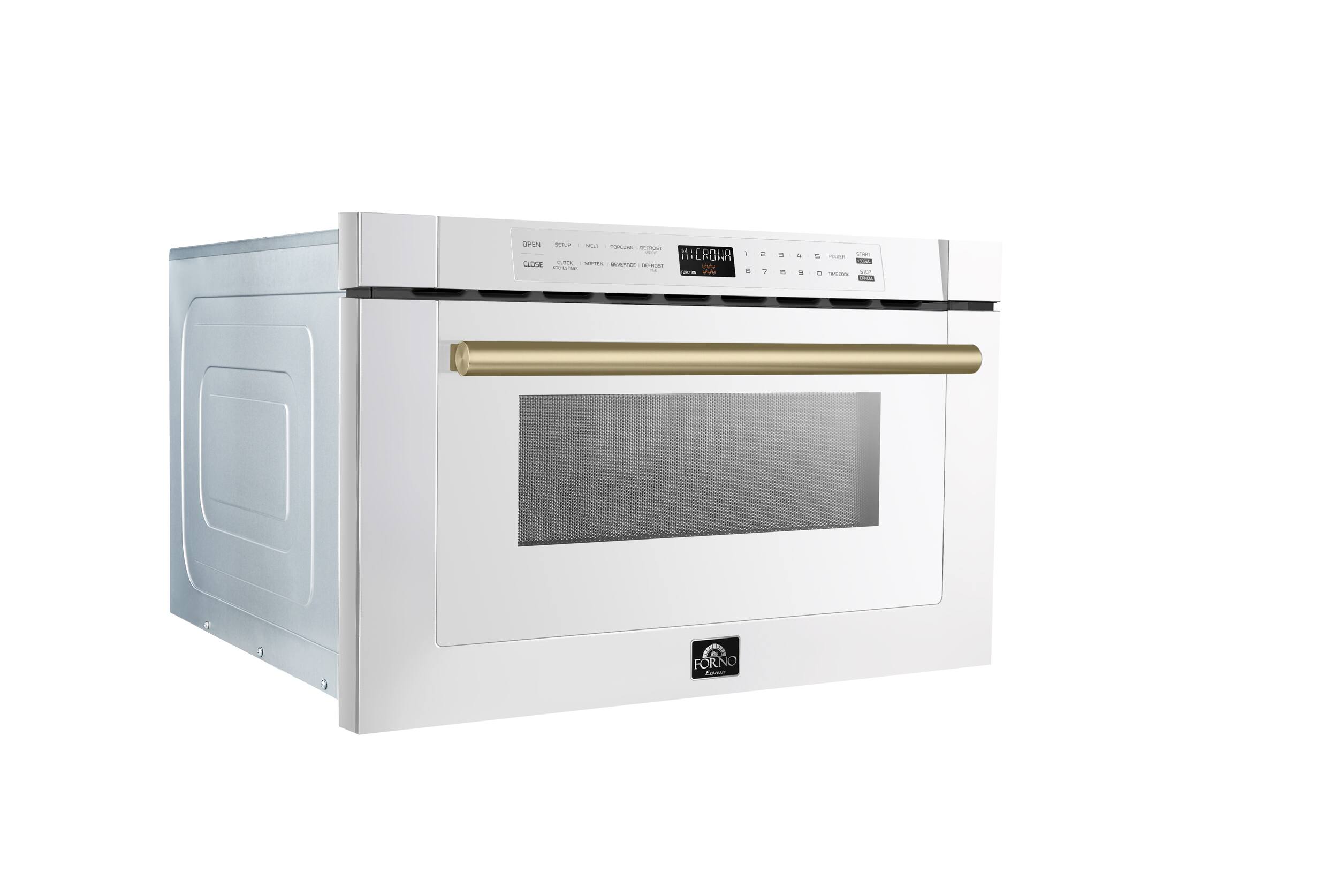 Oven with a stainless steel door and a gold handle. The oven is white and has a digital display.