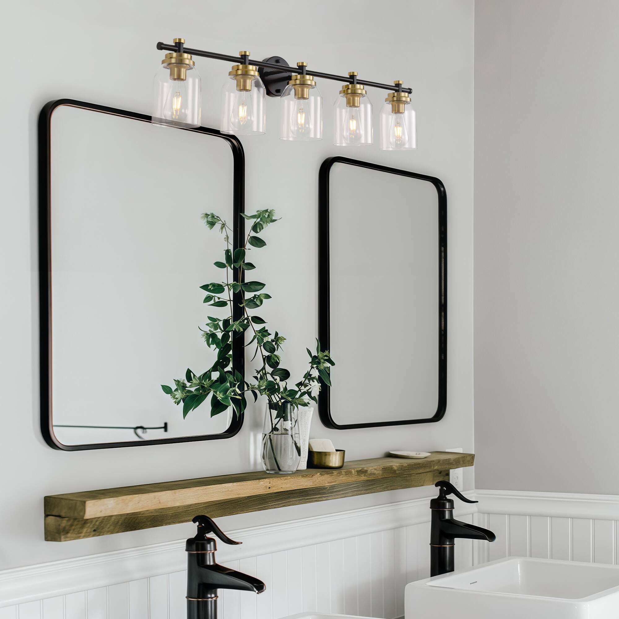 Left. RYHNUYNE - 5 Lights Bathroom Vanity Light Black Gold Bathroom Light Fixture Over Mirror Lighting Fixtures with Clear Glass Shade - Black.