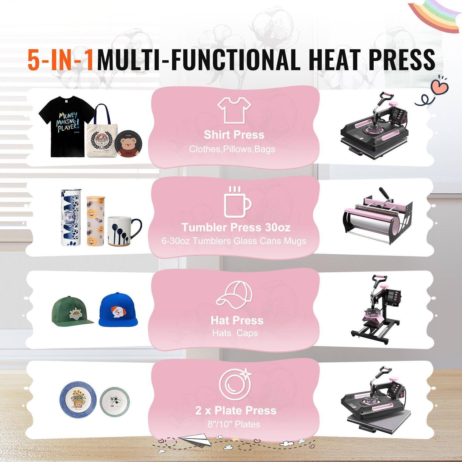5-IN-1 MULTI-FUNCTIONAL HEAT PRESS

1. Shirt Press
   - Clothes, Pillows, Bags

2. Tumbler Press 30oz
   - 6-30oz Tumblers, Glass Cans, Mugs

3. Hat Press
   - Hats, Caps

4. 2 x Plate Press
   - 8"/10" Plates