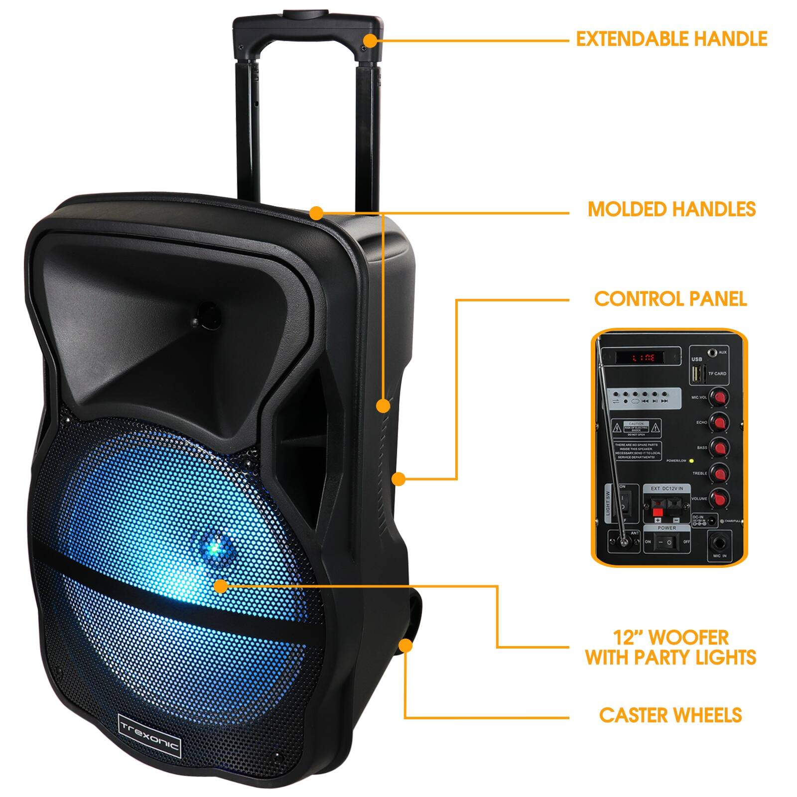 EXTENDABLE HANDLE, MOLDED HANDLES, CONTROL PANEL, 12" WOOFER WITH PARTY LIGHTS, CASTER WHEELS