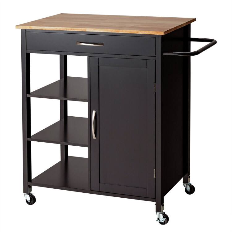 Front. SlickBlue - Kitchen Island Cart with Rubber Wood Top and Smooth-Rolling Wheels - Black.