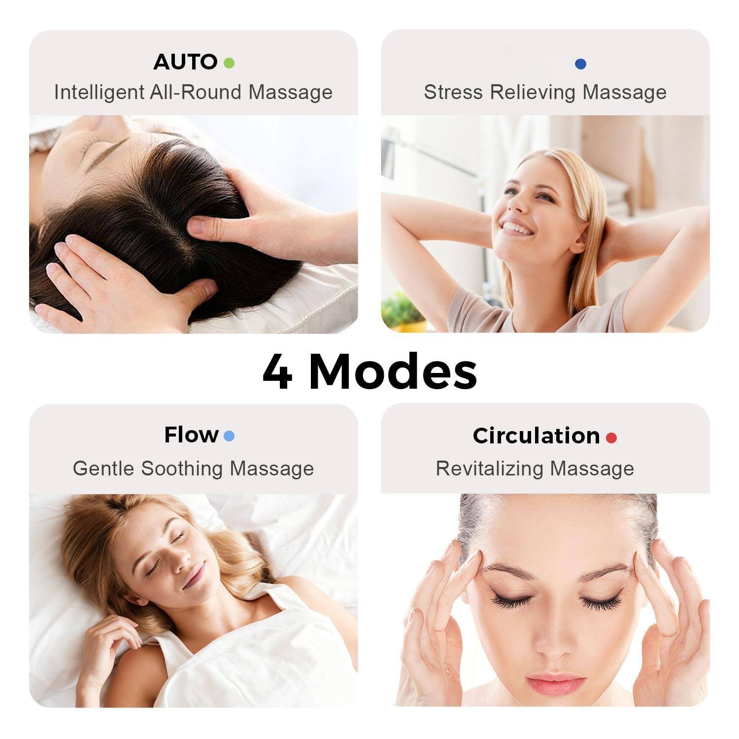 AUTO  
Intelligent All-Round Massage

Stress Relieving Massage

4 Modes

Flow  
Gentle Soothing Massage

Circulation  
Revitalizing Massage