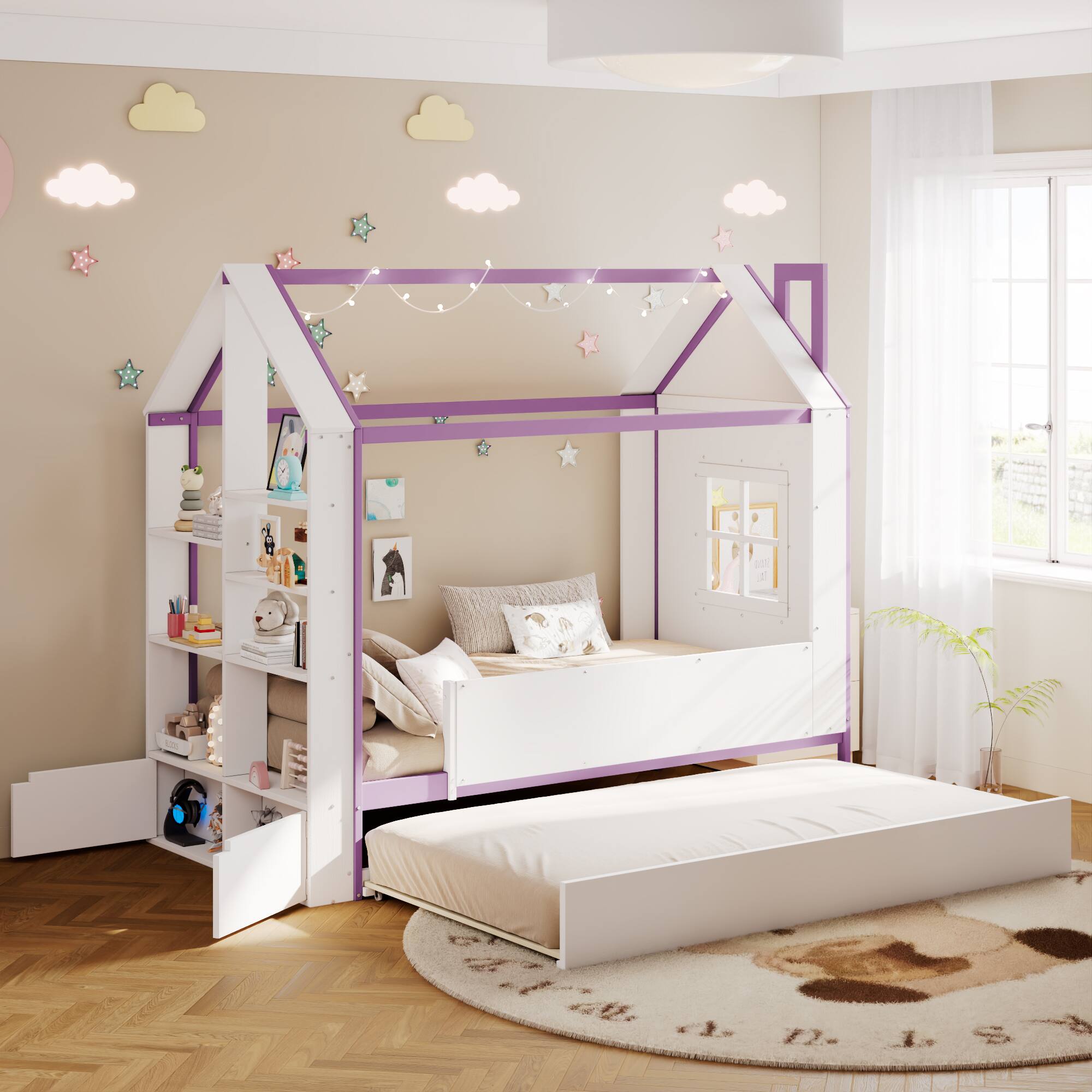 Angle. Anysun - Twin Size House Bed Frame with Pull-Out Trundle, Tail End Storage Shelves and Cool White LED Lights - Purple.