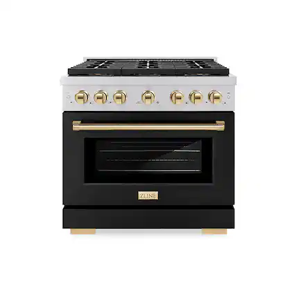 Front. ZLINE - ZLINE Autograph 36 in. Paramount Gas Range with 6 DuoPro Burners w/ Black Door & Gold Accents (PSGRZ-BLM-36-G) - Stainless Steel with Black Matte Door.