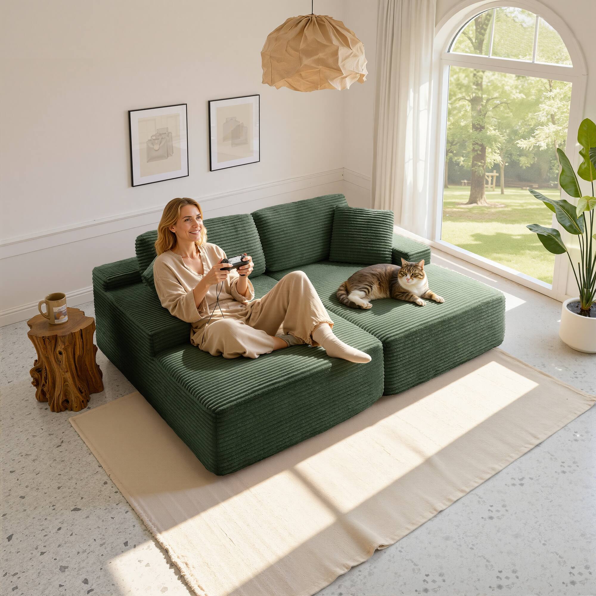 Alt View 6. Meqiodas - Oversized Double Lounge Chaise,Cloud Plush Sofa Bed,Modern Corduroy Upholstered Boneless Cloud Sofa Deep Seat - Green.