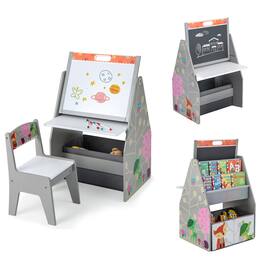 Costway - Kids Table & Chair Set with Rotatable Double-sided Magnetic Blackboard & Whiteboard - Gray